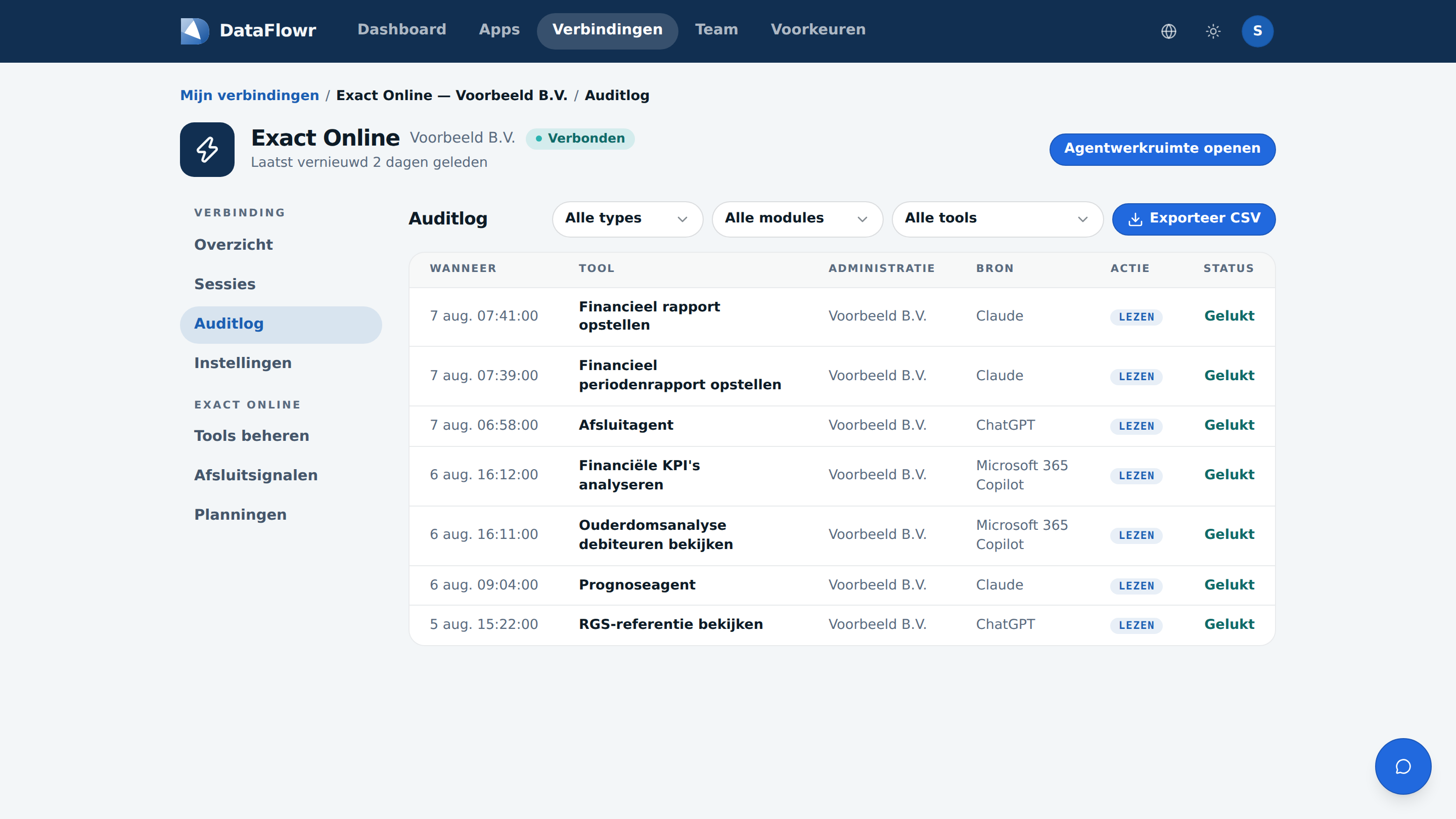 Het auditlog van een verbinding met per regel het tijdstip, de tool, de administratie, de assistent die de aanroep deed, het type actie en de status