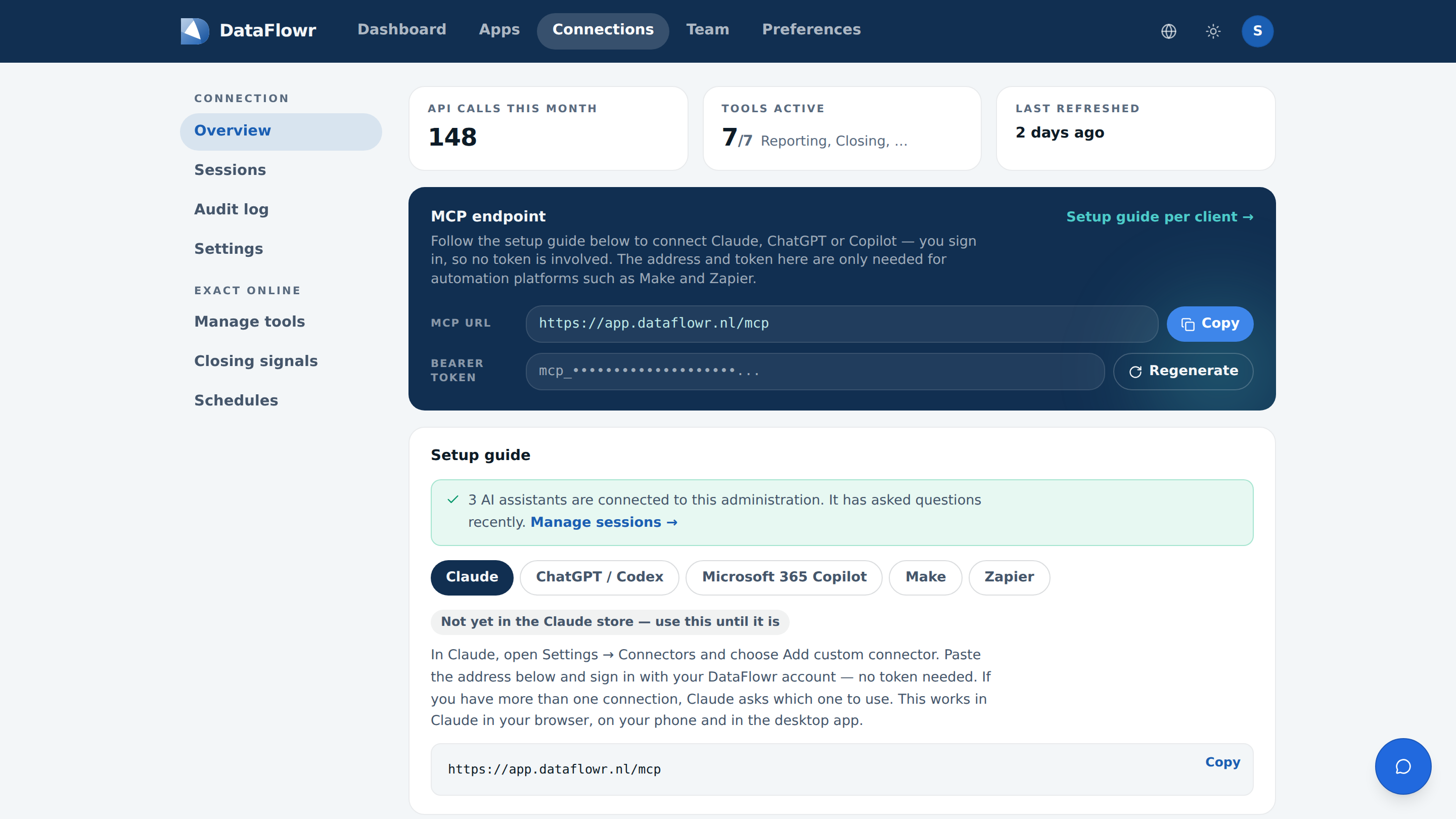 The connection page with the connector’s address and, below it, the setup guide per client for Claude, ChatGPT, Microsoft 365 Copilot, Make and Zapier