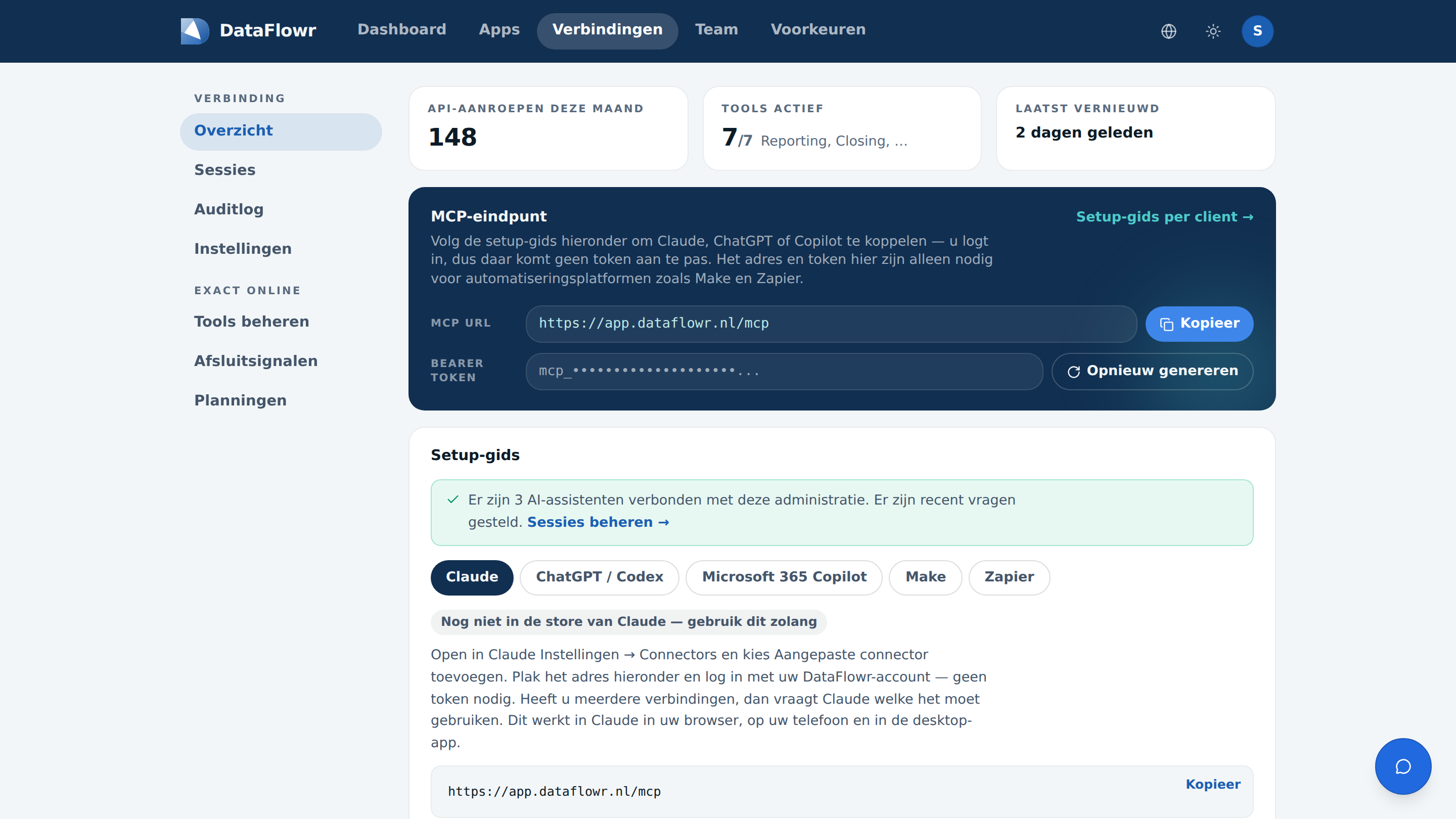 De verbindingspagina met het adres van de koppeling en daaronder de setup-gids per client voor Claude, ChatGPT, Microsoft 365 Copilot, Make en Zapier